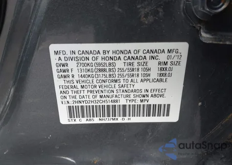 2012 Acura Mdx Technology Package from USA, damaged, VIN 2HNYD2H32CH514881